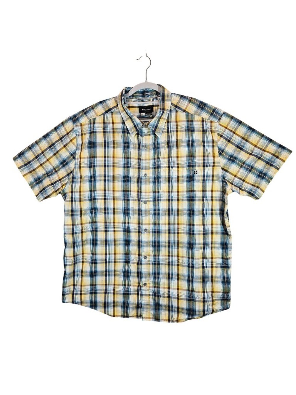 Marmot Mens XXL Yellow Blue Plaid Short Sleeve Button-Up Shirt office logo